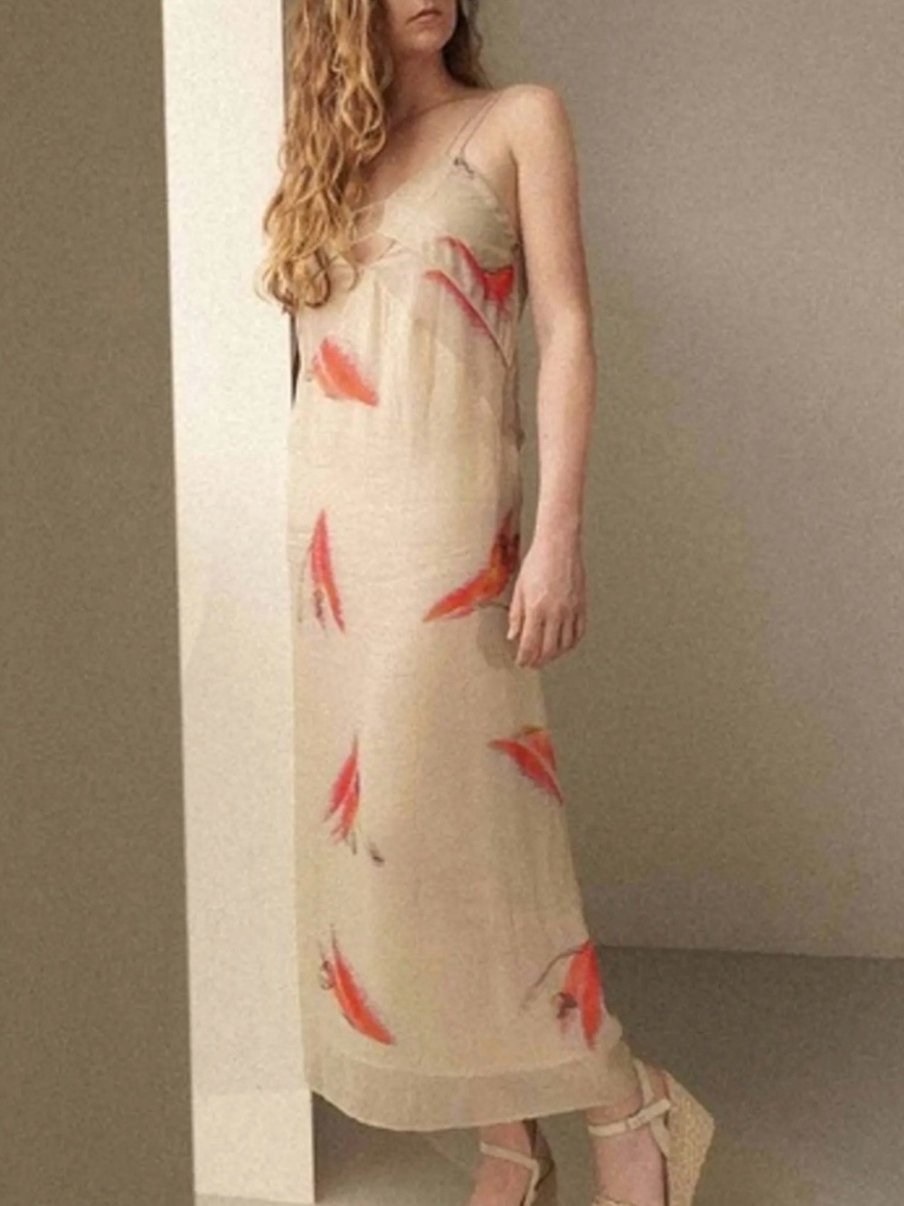 Zara NWT Lingerie Style Print Maxi Dress Lightweight Open Back  Sz. Large